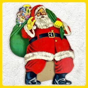 1950s Santa Claus Cardboard Sign 9.5" Die Cut Easel Christmas Display Vintage